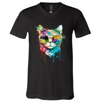 Cute Cat Motif Pop Art Cat V-Neck T-Shirt