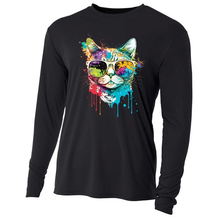 Cute Cat Motif Pop Art Cat Cooling Performance Long Sleeve Crew