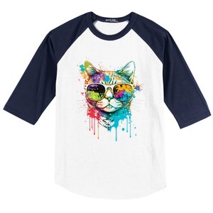 Cute Cat Motif Pop Art Cat Baseball Sleeve Shirt