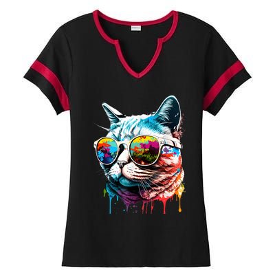 Cute Cat Motif Pop Art Cat Ladies Halftime Notch Neck Tee