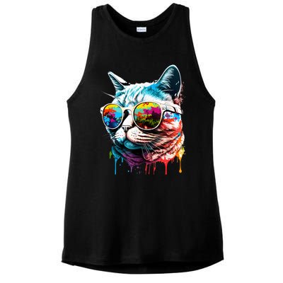 Cute Cat Motif Pop Art Cat Ladies PosiCharge Tri-Blend Wicking Tank