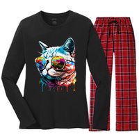 Cute Cat Motif Pop Art Cat Women's Long Sleeve Flannel Pajama Set 