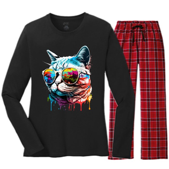 Cute Cat Motif Pop Art Cat Women's Long Sleeve Flannel Pajama Set 