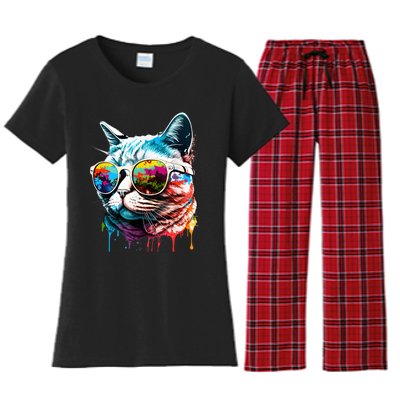 Cute Cat Motif Pop Art Cat Women's Flannel Pajama Set