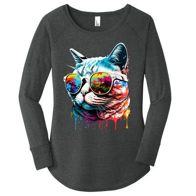 Cute Cat Motif Pop Art Cat Women's Perfect Tri Tunic Long Sleeve Shirt