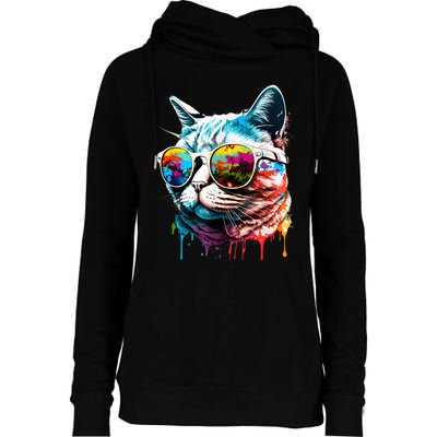 Cute Cat Motif Pop Art Cat Womens Funnel Neck Pullover Hood