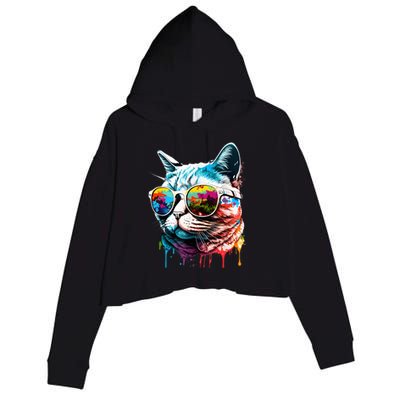 Cute Cat Motif Pop Art Cat Crop Fleece Hoodie