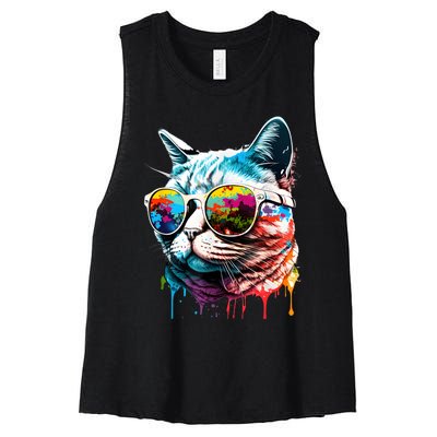 Cute Cat Motif Pop Art Cat Women's Racerback Cropped Tank