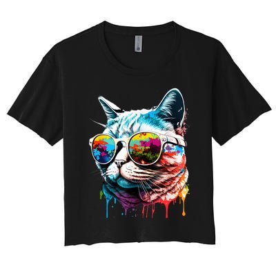 Cute Cat Motif Pop Art Cat Women's Crop Top Tee