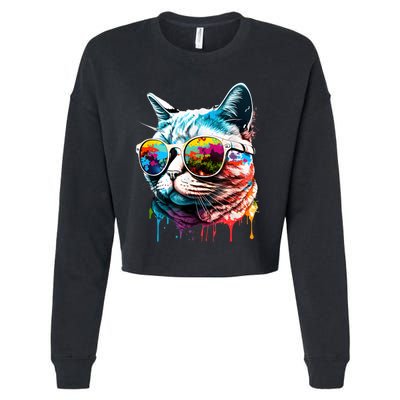 Cute Cat Motif Pop Art Cat Cropped Pullover Crew