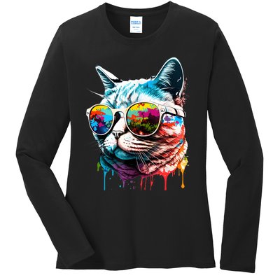 Cute Cat Motif Pop Art Cat Ladies Long Sleeve Shirt