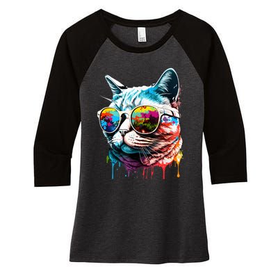 Cute Cat Motif Pop Art Cat Women's Tri-Blend 3/4-Sleeve Raglan Shirt