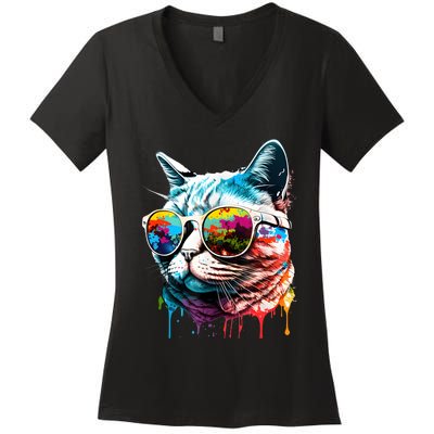 Cute Cat Motif Pop Art Cat Women's V-Neck T-Shirt