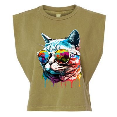 Cute Cat Motif Pop Art Cat Garment-Dyed Women's Muscle Tee