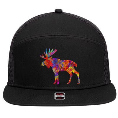 Colorful Canadian Moose Abstract Paint Wildlife 7 Panel Mesh Trucker Snapback Hat