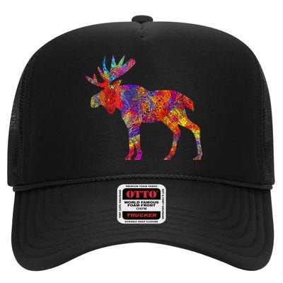 Colorful Canadian Moose Abstract Paint Wildlife High Crown Mesh Back Trucker Hat