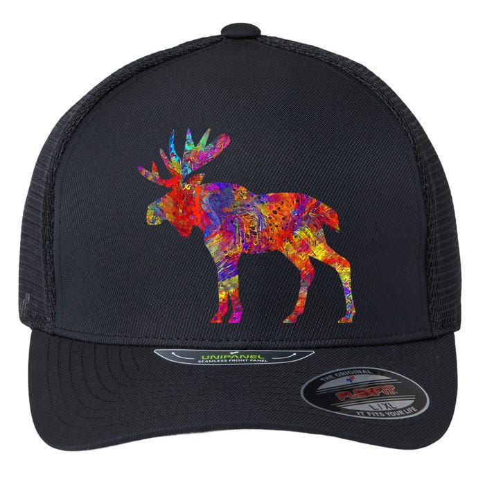 Colorful Canadian Moose Abstract Paint Wildlife Flexfit Unipanel Trucker Cap