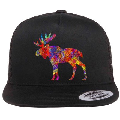 Colorful Canadian Moose Abstract Paint Wildlife Flat Bill Trucker Hat