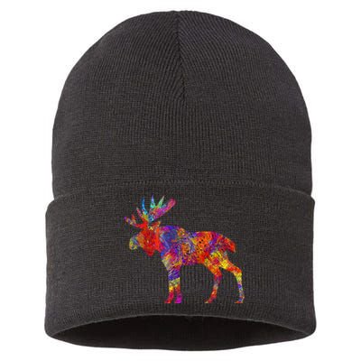 Colorful Canadian Moose Abstract Paint Wildlife Sustainable Knit Beanie