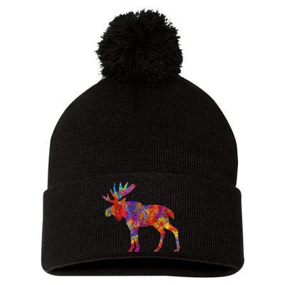 Colorful Canadian Moose Abstract Paint Wildlife Pom Pom 12in Knit Beanie