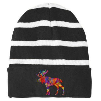 Colorful Canadian Moose Abstract Paint Wildlife Striped Beanie with Solid Band