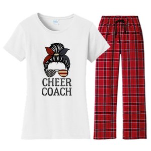 Cheer Coach Messy Bun Flag Us Funny Design Cute Cheer Coach Women's Flannel Pajama Set