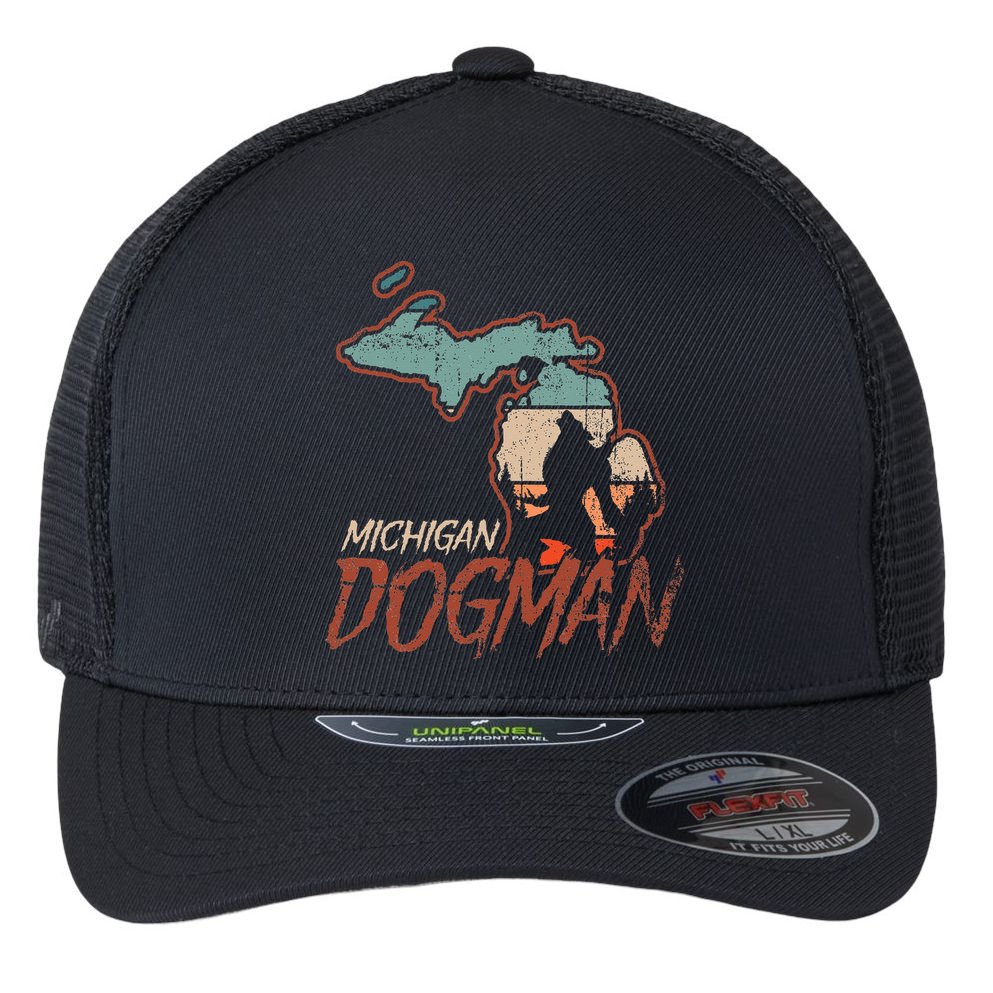 Cryptids Cryptozoology Monsters State of Michigan Dogman Flexfit Unipanel Trucker Cap