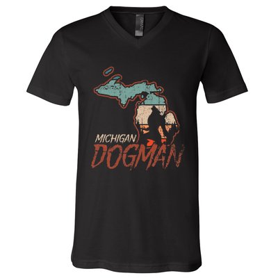 Cryptids Cryptozoology Monsters State of Michigan Dogman V-Neck T-Shirt