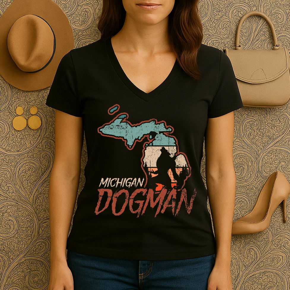Cryptids Cryptozoology Monsters State of Michigan Dogman Women's V-Neck T-Shirt