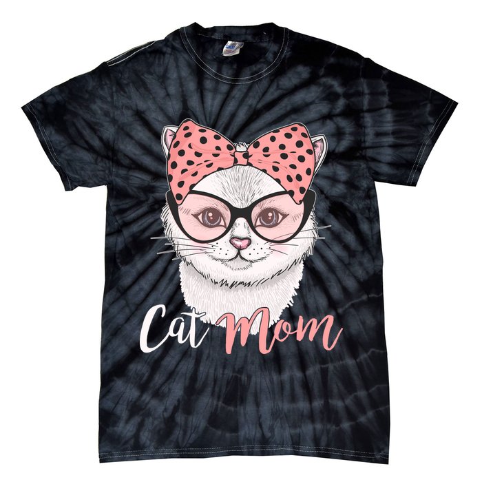 Cute Cat Mom Polka Dot Bow Bandana Tie-Dye T-Shirt