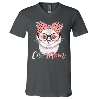 Cute Cat Mom Polka Dot Bow Bandana V-Neck T-Shirt