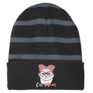 Cute Cat Mom Polka Dot Bow Bandana Striped Beanie with Solid Band