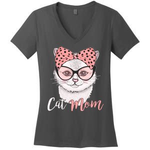 Cute Cat Mom Polka Dot Bow Bandana Women's V-Neck T-Shirt