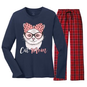 Cute Cat Mom Polka Dot Bow Bandana Women's Long Sleeve Flannel Pajama Set 