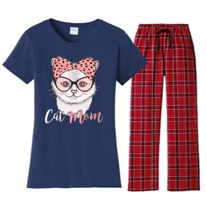 Cute Cat Mom Polka Dot Bow Bandana Women's Flannel Pajama Set