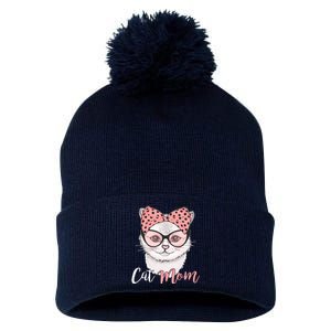 Cute Cat Mom Polka Dot Bow Bandana Pom Pom 12in Knit Beanie