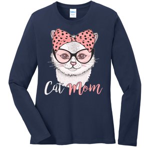 Cute Cat Mom Polka Dot Bow Bandana Ladies Long Sleeve Shirt