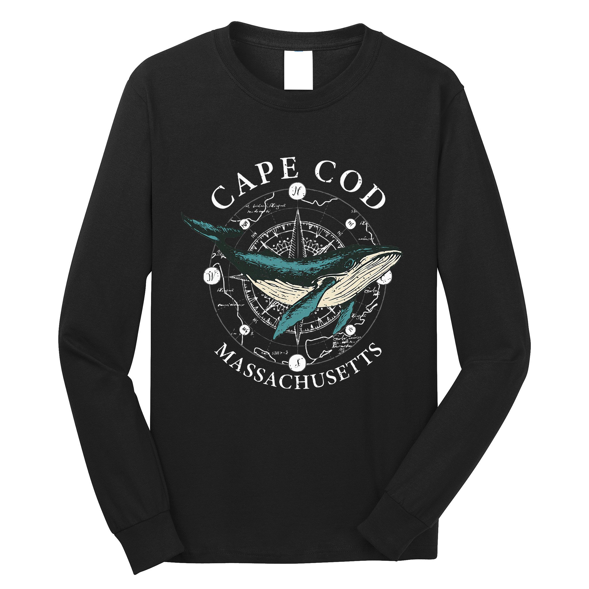 Cape Cod Massachusetts Humpback Whale Vintage Wind Rose Long Sleeve Shirt
