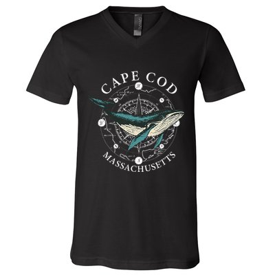 Cape Cod Massachusetts Humpback Whale Vintage Wind Rose V-Neck T-Shirt