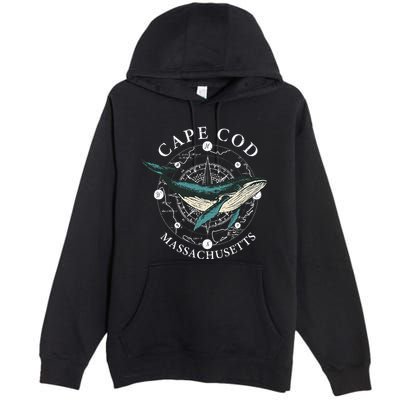 Cape Cod Massachusetts Humpback Whale Vintage Wind Rose Premium Pullover Hoodie