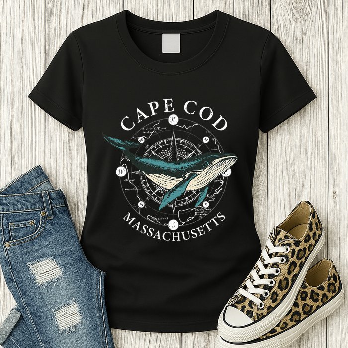 Cape Cod Massachusetts Humpback Whale Vintage Wind Rose Womens T-Shirt