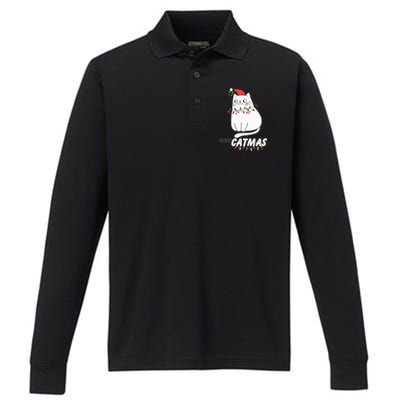 Cute Cat Merry Catmas Christmas Cat Lovers Santa Pajama Performance Long Sleeve Polo