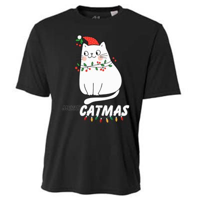 Cute Cat Merry Catmas Christmas Cat Lovers Santa Pajama Cooling Performance Crew T-Shirt