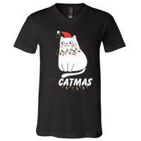 Cute Cat Merry Catmas Christmas Cat Lovers Santa Pajama V-Neck T-Shirt