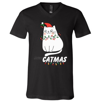 Cute Cat Merry Catmas Christmas Cat Lovers Santa Pajama V-Neck T-Shirt