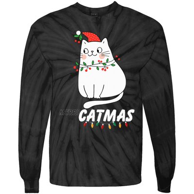 Cute Cat Merry Catmas Christmas Cat Lovers Santa Pajama Tie-Dye Long Sleeve Shirt