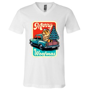 Chow Chow Merry Christmas Tree Truck Dog Xmas Woofmas V-Neck T-Shirt