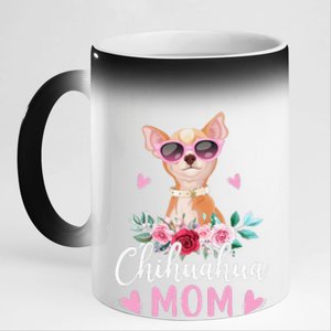 Cute Chihuahua Mom Sunglasses Flower For Chihuahua Owner 11oz Black Color Changing Mug