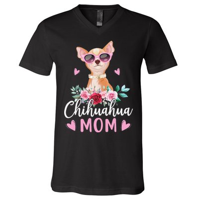 Cute Chihuahua Mom Sunglasses Flower For Chihuahua Owner V-Neck T-Shirt