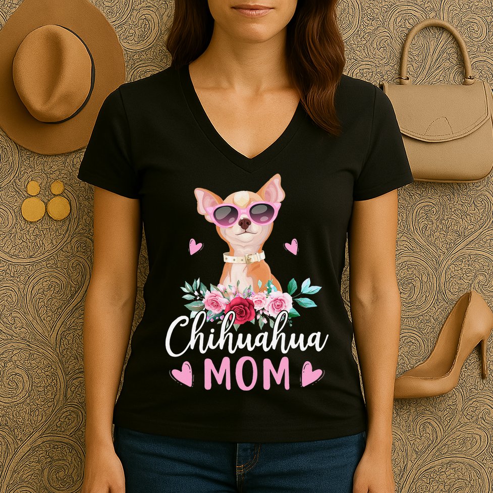 Cute Chihuahua Mom Sunglasses Flower For Chihuahua Owner Women's V-Neck T-Shirt